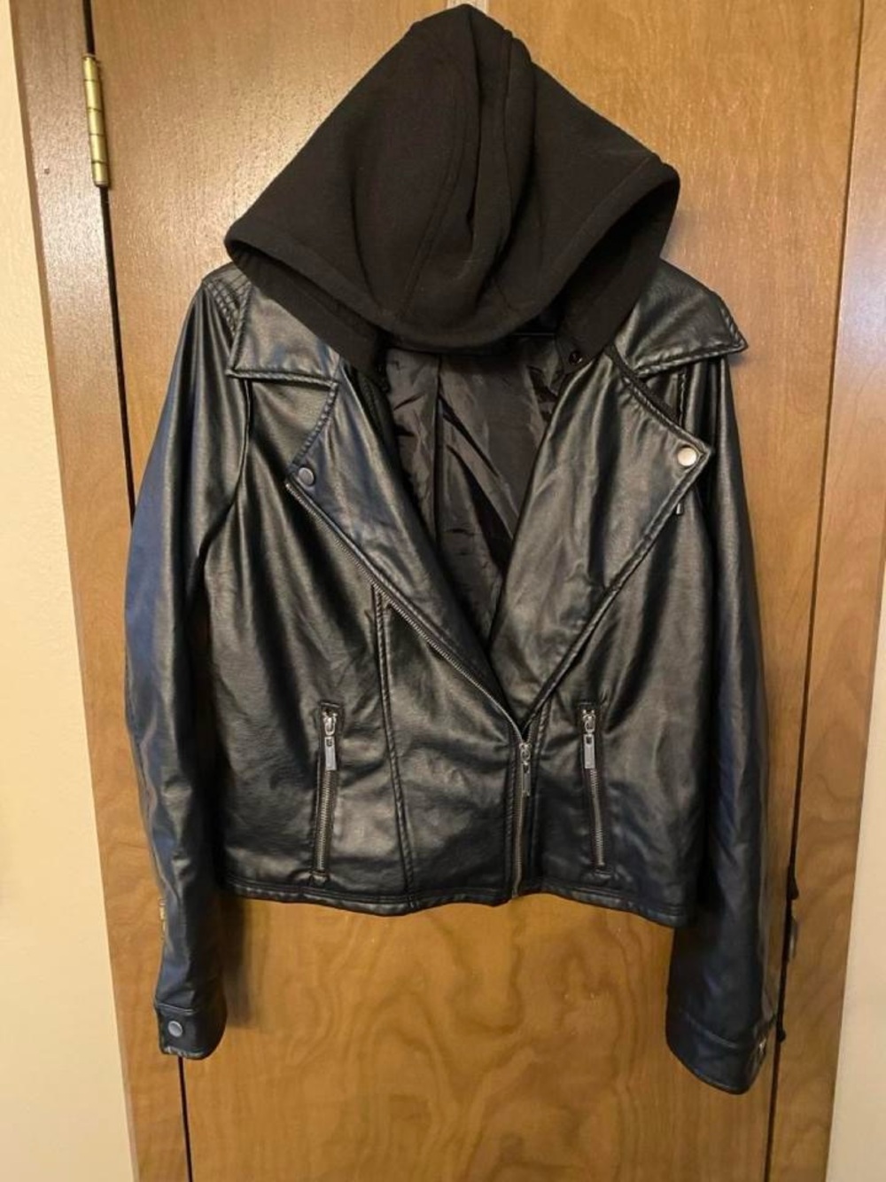 Black Faux Leather Hooded Moto Jacket - Women's